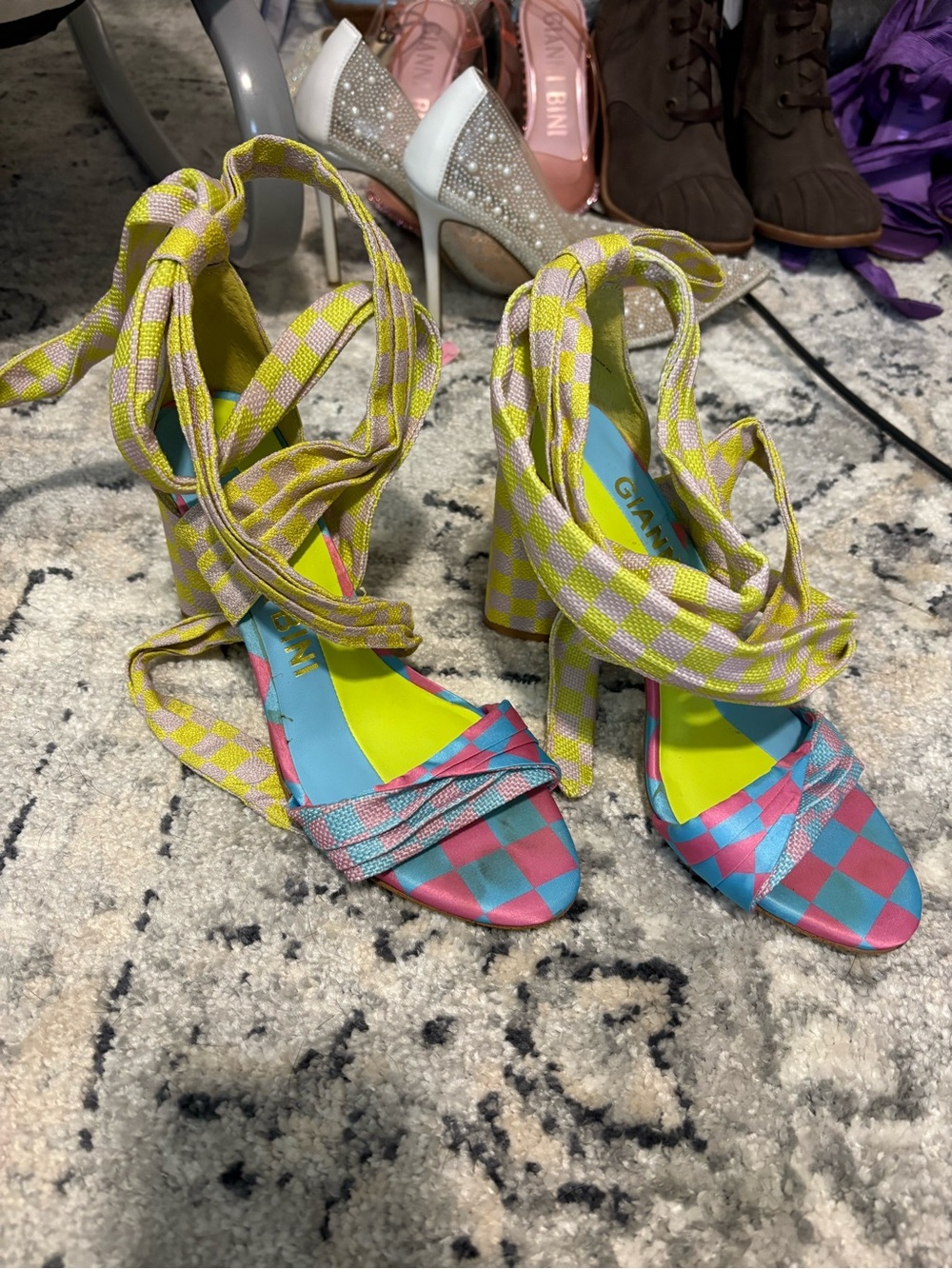 Gianni Bini Colorblock Checkered Lace-Up Block Heel